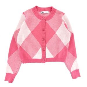 ZARA Pink Argyle Button Down Cardigan Sweater Preppy Academia Soft Girl French
